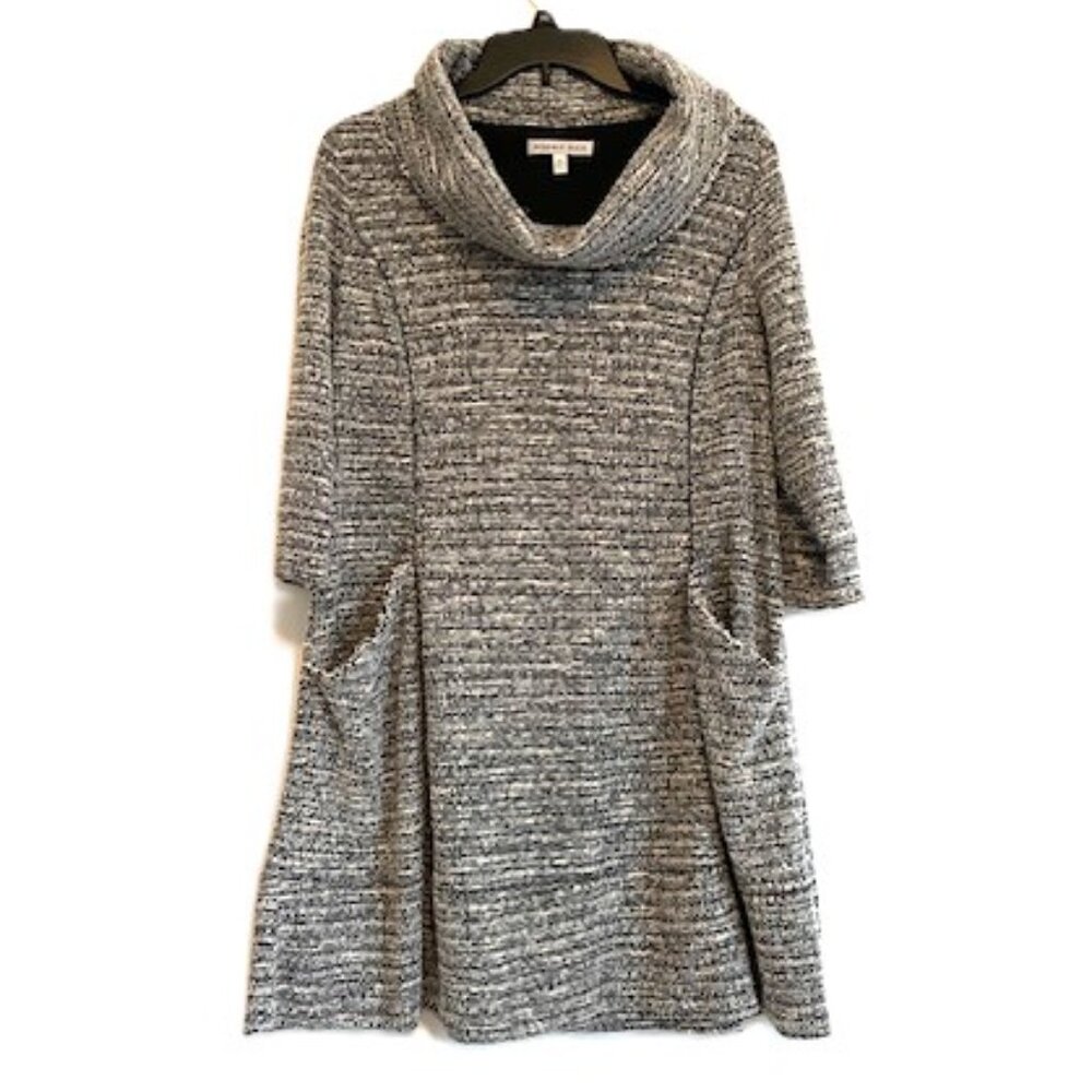 Robbie Bee Black and White Cowl Neck Knit Dress with Pockets